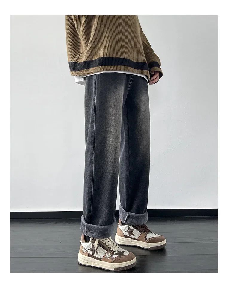 4 Colors Winter Fleece Men's Jeans Baggy Straight Elastic Waist Denim Pants Fashion Korean Thickened Warm Male Thermal Trousers