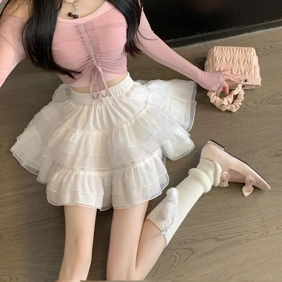Plus Size New Style Pure Desire Aesthetic Mini Dress Net Yarn Fairy Puff Skirt High-Waisted Slimming Lace Cake A- Line Skirt ...