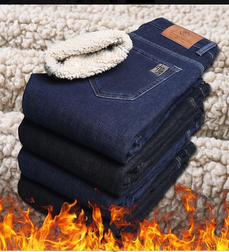 Men's Wool Velvet Jeans Winter Fleece Thickened Business Casual Straight Denim Pants Soft Cozy Thermal Stretch Trousers Male