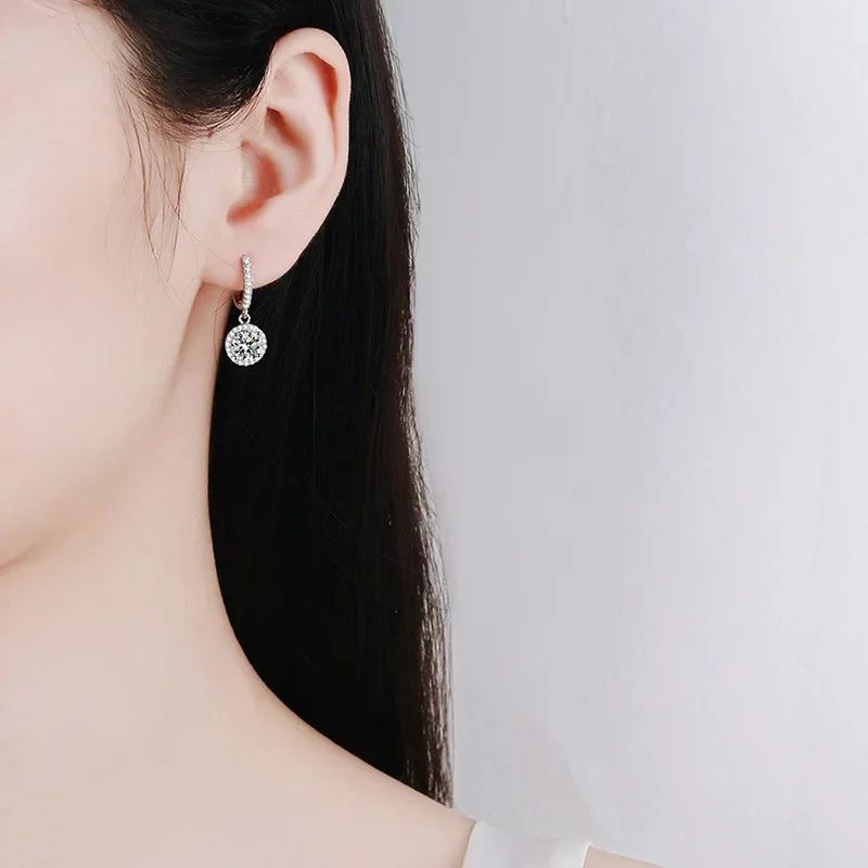 925 Sterling Silver 1 Carat Moissanite Round Earrings for Women Luxury Evening Style