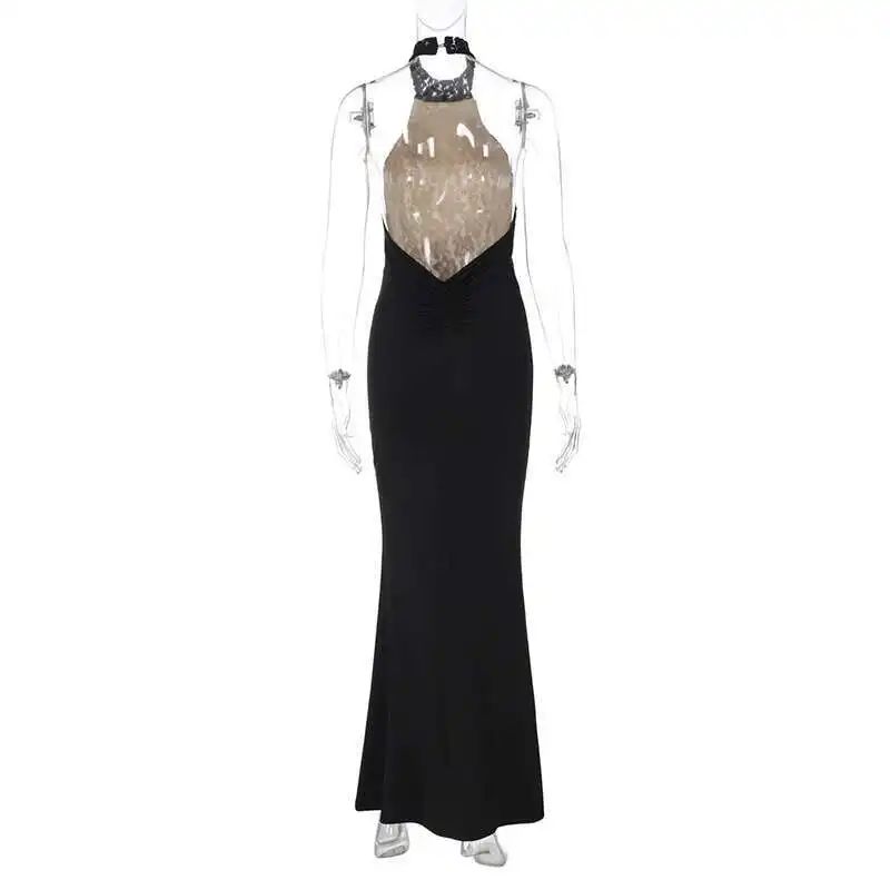 Mozision Lace Halter Backless Sexy Maxi Dress For Women Black Off-shoulder Strapless Sleeveless Bodycon Club Party Long Dress