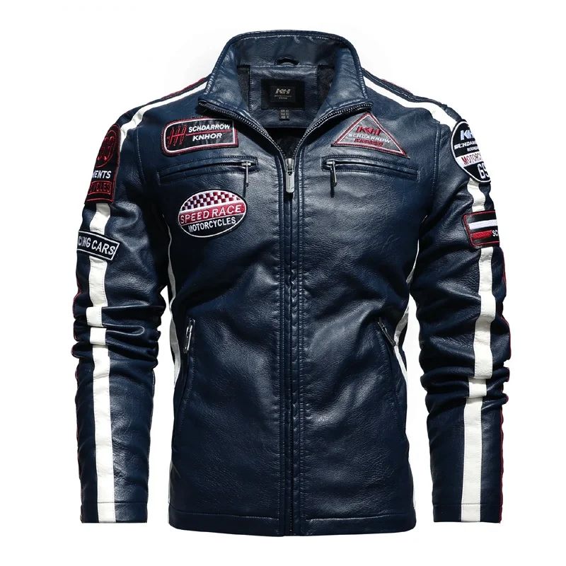 New Motorcycle Jacket For Men In Autumn/Winter 2020 Fashion Casual Leather Embroidered Flight Jacket In Winter Velvet Pu Jacke