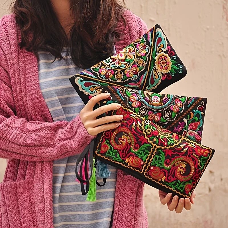 Ethnic Floral Embroidery Long Wallet Wristlet Clutch Bag Phone Vintage Embroidered Wristlet Clutch Evening Bag Wallets for Women