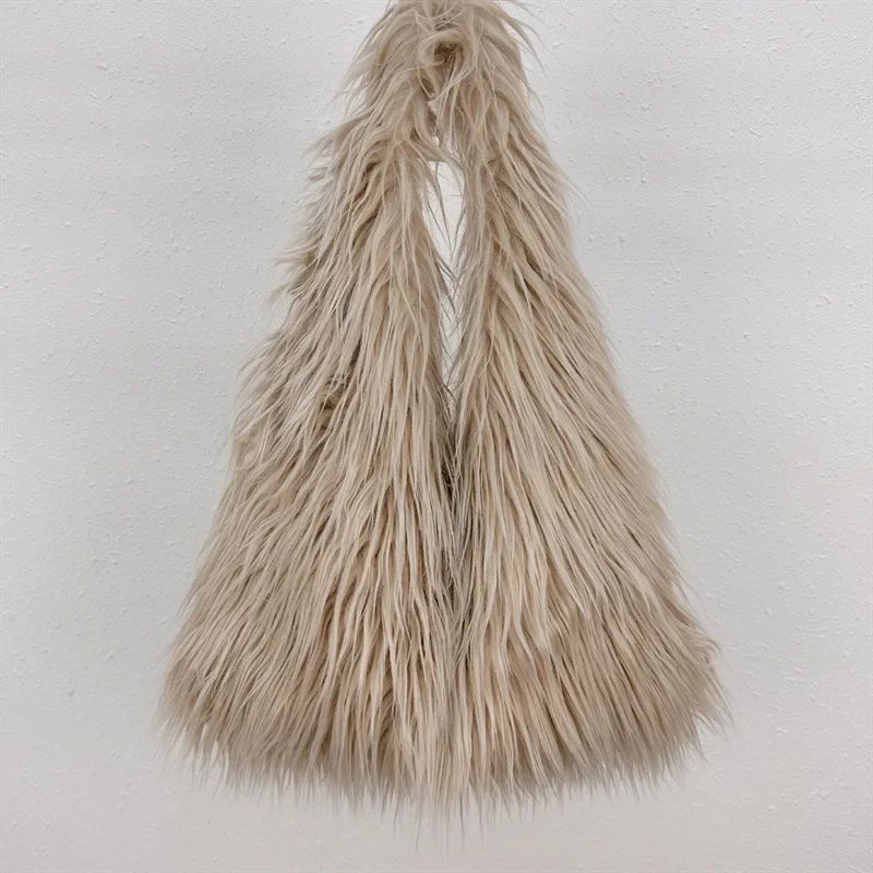 2025 NEW Wool Women's Plush Shoulder Bags Y2k Hot Girls Faux Fur Drawstring Bucket Bag Fashion Female Furry Purse Tote Handbags
