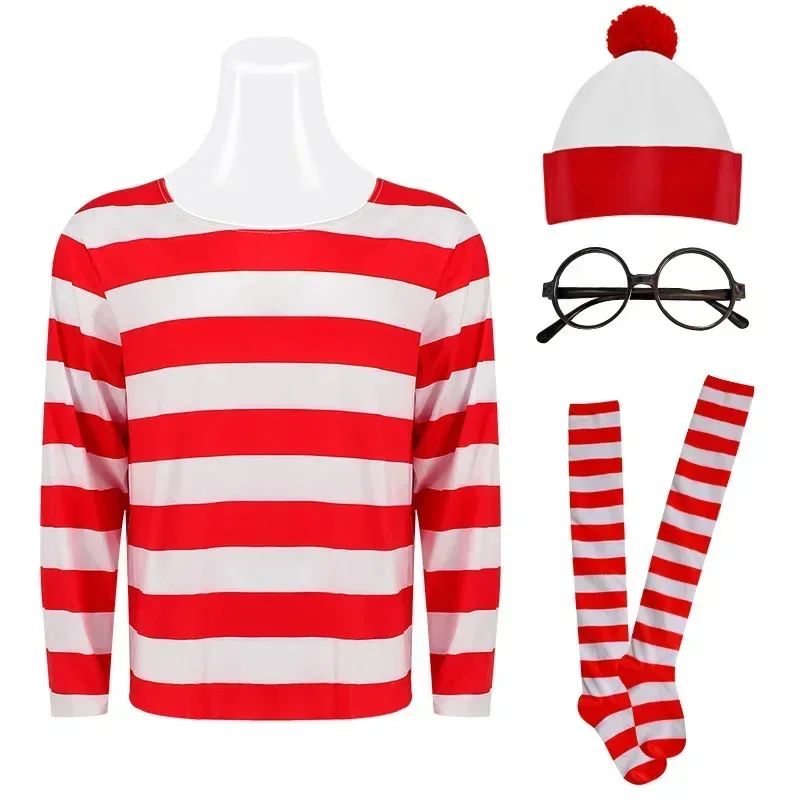 Wheres Waldo Striped Shirt Youth Boys Wally Costume Shirt Glasses and Hat Socks Unisex Adults Carnival Cosplay Costume