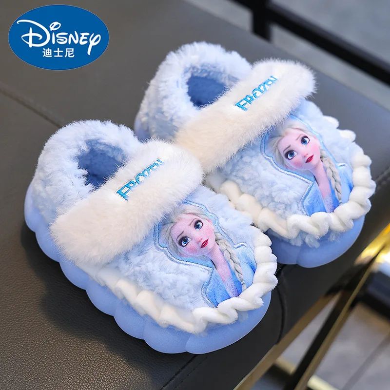 Disney Princess Elsa Winter Children's Cotton Home Slippers Frozen Girl's Snow Non Slip Warm Baby Slippers Pink Blue Size 26-35