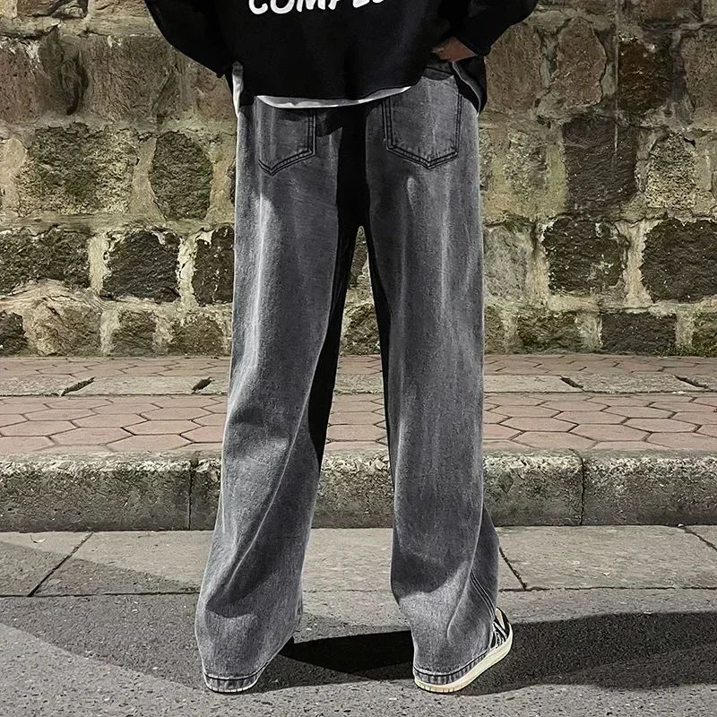 Men Straight Leg Blue Gray Loose Y2K Drawstring Jeans Streetwear Casual Wide Denim Pants Male Baggy Stylish Harajuku Trousers