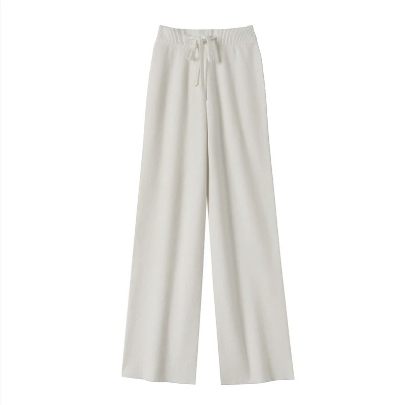 Spring Autumn Women High Waist Wool Wide Leg Pants Solid Soft Warm 100% Merino Wool Knitted Trousers Belt Casual Korean Fashion