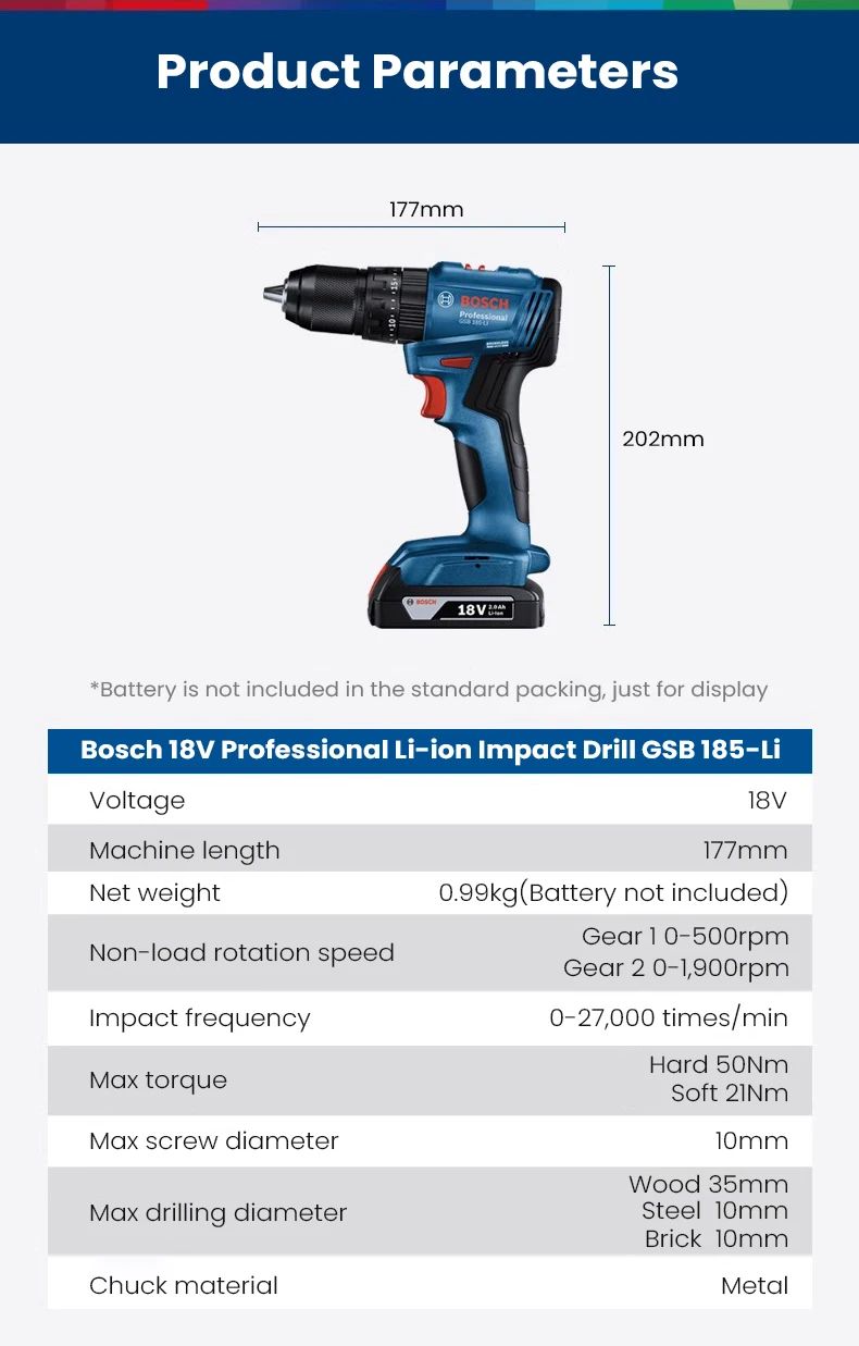 Bosch GSB 185 Li battery-powered impact drill, 3-in-1, multifunctional, 50 Nm electric screw, brushless hammer drill, pro-electr