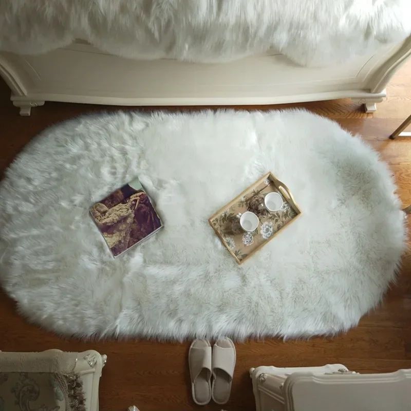 Super Soft Plush Oval Rug Mat Fluffy White Carpets for Living Room Home Decor Bedroom Kid Room Decoration Salon Thick Pile Rug