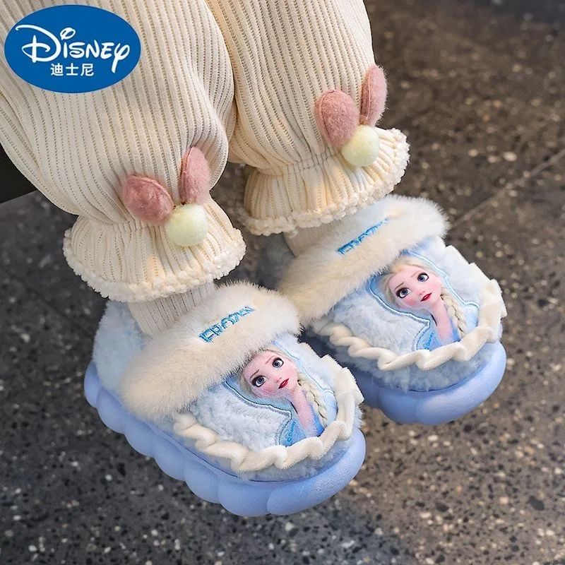 Disney Princess Elsa Winter Children's Cotton Home Slippers Frozen Girl's Snow Non Slip Warm Baby Slippers Pink Blue Size 26-35