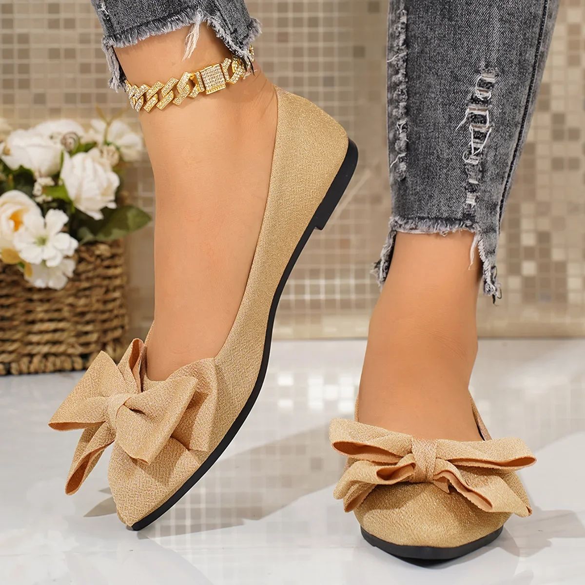 Women's Casual Flat Bottom Slip-On Shoes Spring Summer Pointed Comfortable Walking Footwear Women Bowtie Red Flats Size 43