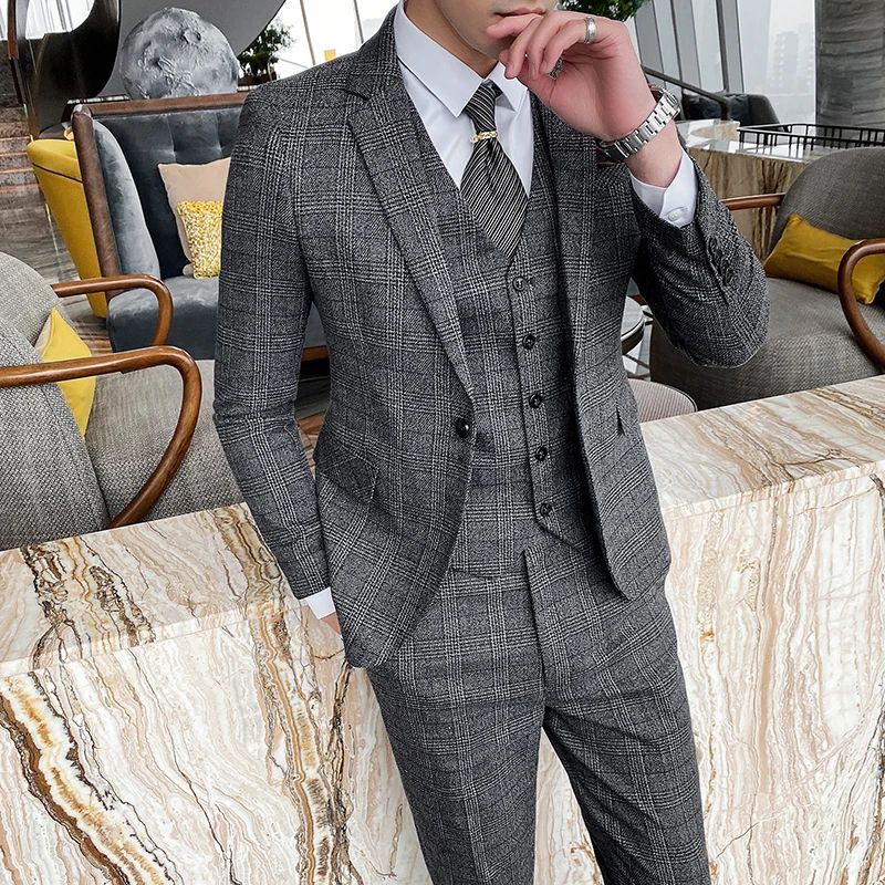 Dark Blue Men's Suit Three Piece, Business Casual Jacket and Vest with Trousers, Gray Dark Brown Slim Fit Sets, Asian Size