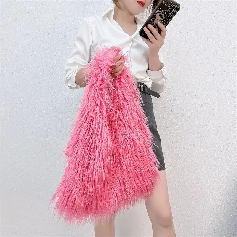 2025 NEW Wool Women's Plush Shoulder Bags Y2k Hot Girls Faux Fur Drawstring Bucket Bag Fashion Female Furry Purse Tote Handbags