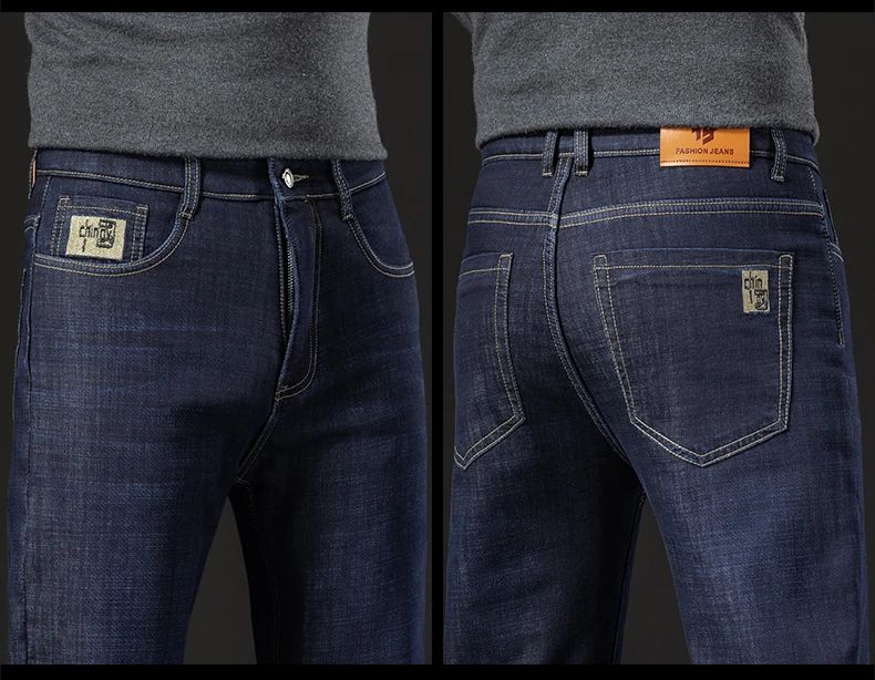 2025 New Classic Men's Business Casual Velvet Jeans Winter Chinese Embroidery Straight Loose Warm Thick Pants