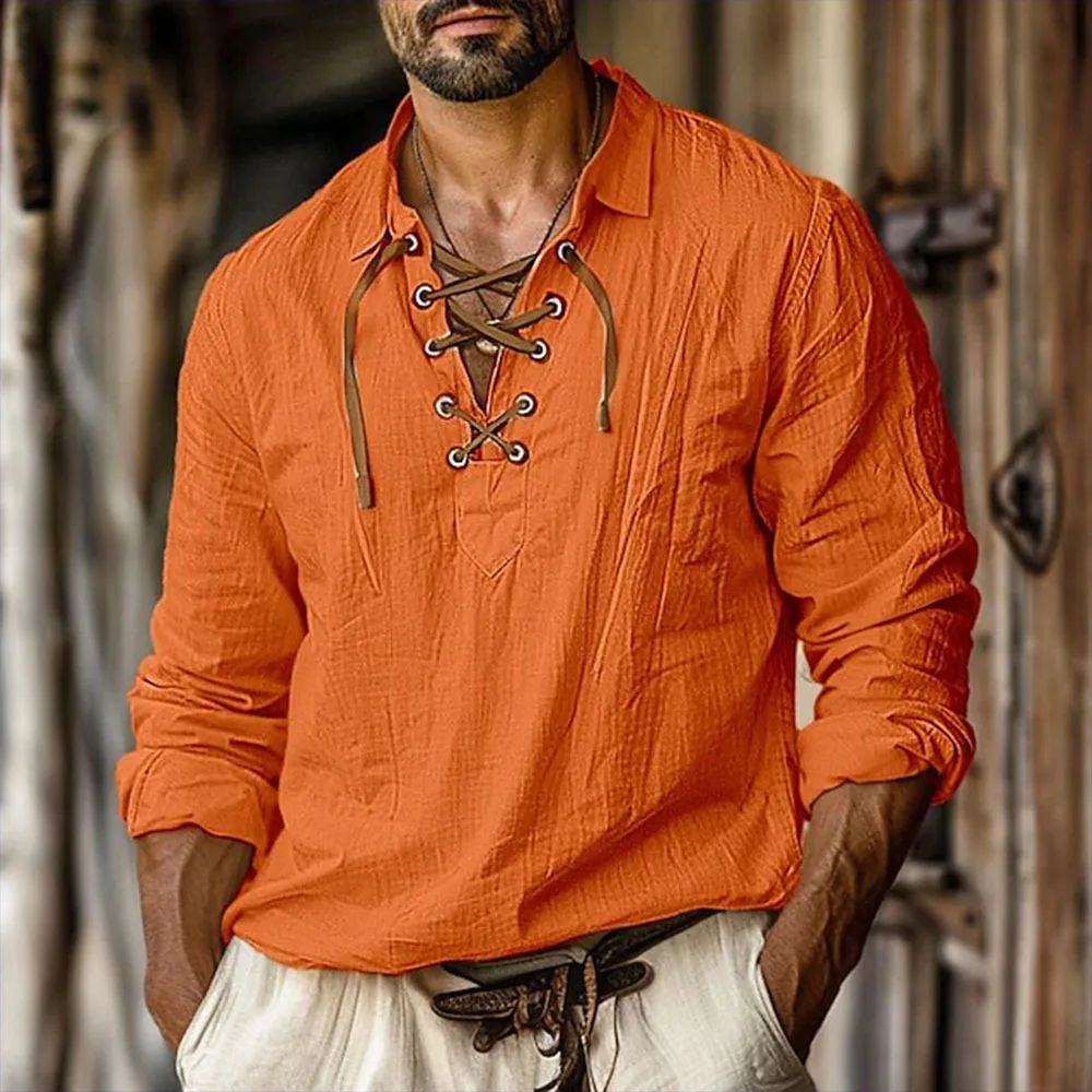 2025 Men's Renaissance Shirt Pirate Medieval Viking Top Cotton Linen Shirts Casual Fashion V-neck Tie Up Long-sleeved Shirt