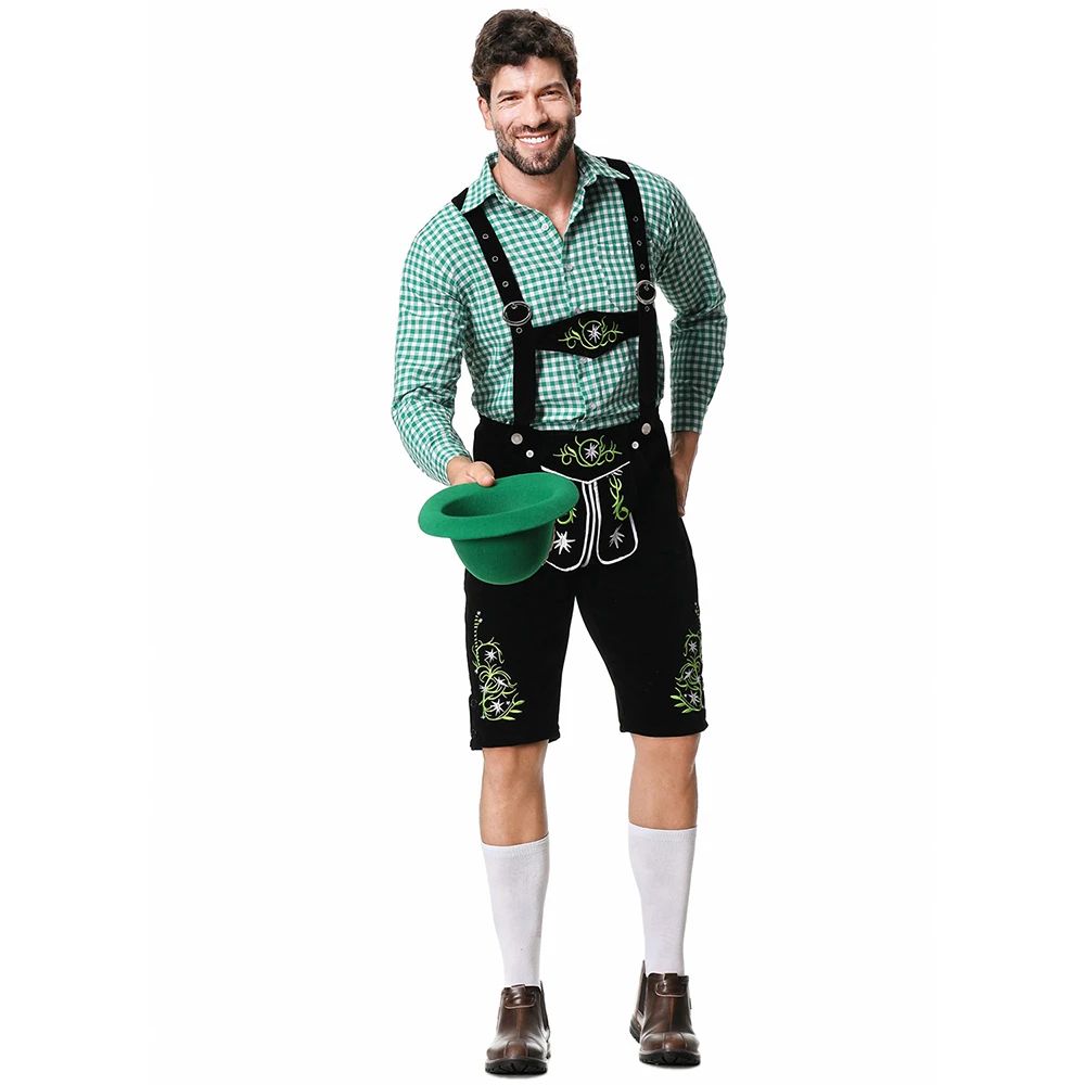 Men Traditional Bavarian Beer Shorts Outfit Overalls Shirt Hat Suspenders Set Germany Oktoberfest Costumes Halloween Costume