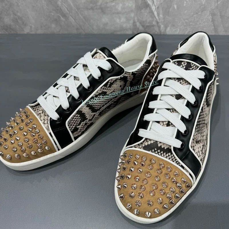 Men Fashion Snake Print Rivet Decoration Loafer Shoes Comfortable Flat Heel Lace Up Round Toe Male Paty Casual Single Shoes