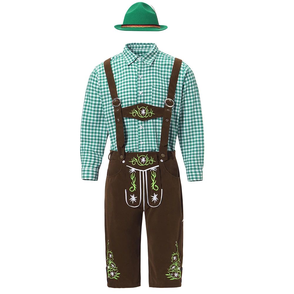 Men Traditional Bavarian Beer Shorts Outfit Overalls Shirt Hat Suspenders Set Germany Oktoberfest Costumes Halloween Costume