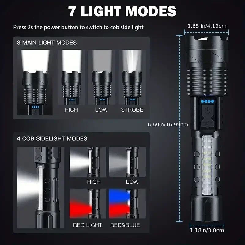Powerful XHP50 LED Flashlight Waterproof Torch With Side Light 7 Modes Camping Fishing Lantern Type C Rechargeable Zoom Lamp