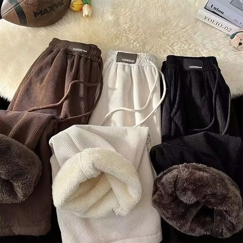 Velvet high waisted wide leg pants women winter new streetwear thickened lambskin corduroy pants lazy joggers women casual pants