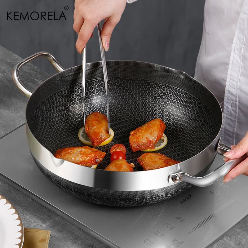 304 Stainless Steel 26/28/30cm Frying Pan Food Grade Non Stick Pan Honeycomb Pot Bottom Induction Cooker Gas Stove General Wok