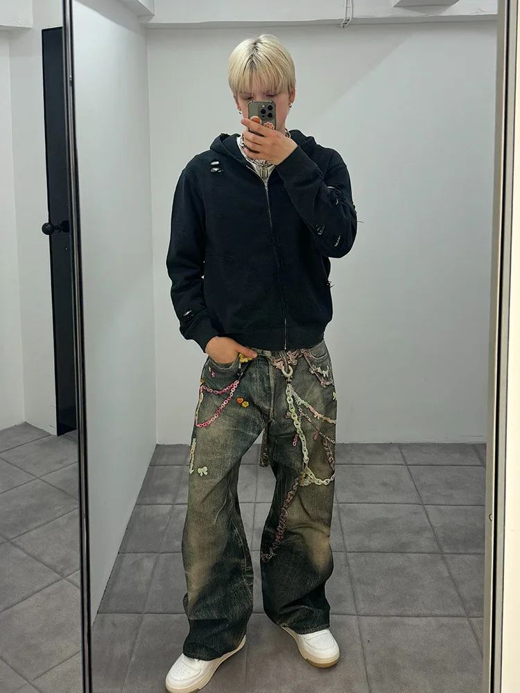 American High Street 3D Digital Print Candy Chain Weathered Knife Straight Leg Casual Jeans for Men And Women