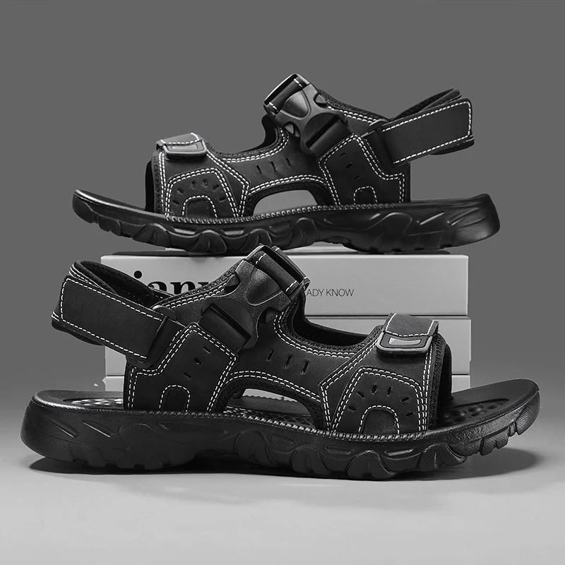 Summer Men Sandals PU Leather Lightweight Open Toe Flat Mens Casual Shoes Outdoor Walking Sandals for Men Beach Shoes Size 39-46