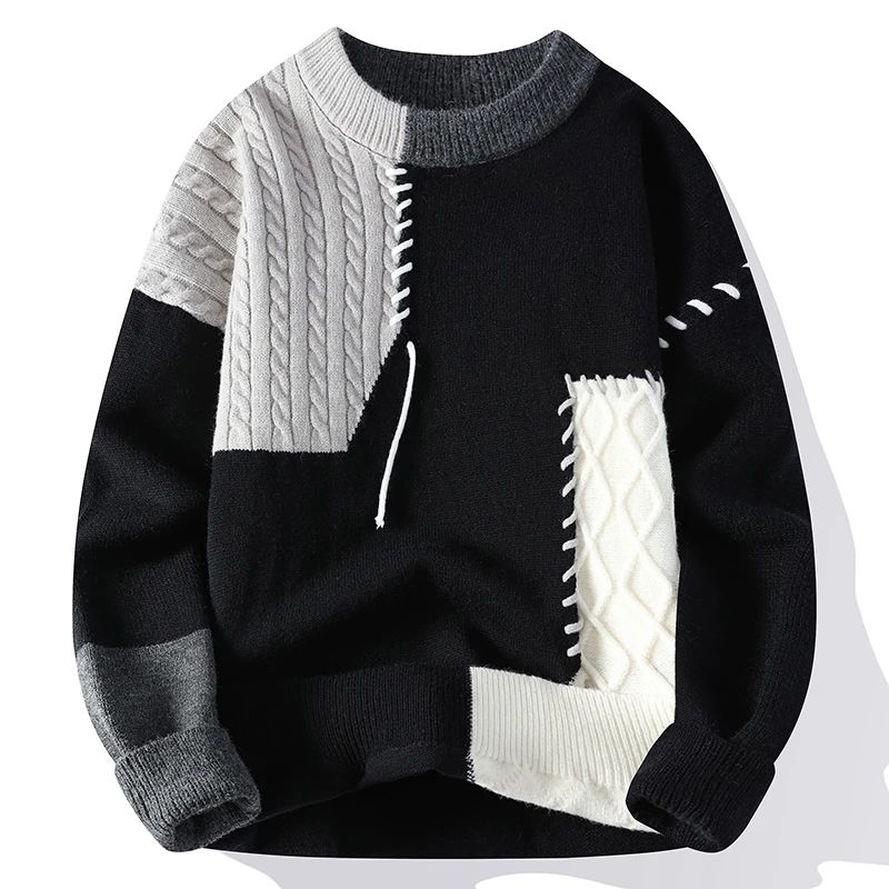 2025 New Male Patchwork Sweater Trend High Street Fashion Autumn and Winter Warm Mens Hip-hop Street Clothing Men pullover shirt