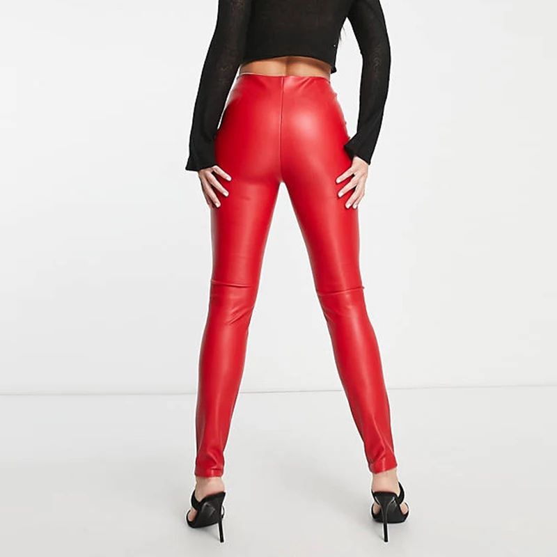 Casual England Style PU Faux Leather Leggings Women Elastic Mid Waist Leather Pencil Pants PU Trousers Fashion Slim Custom
