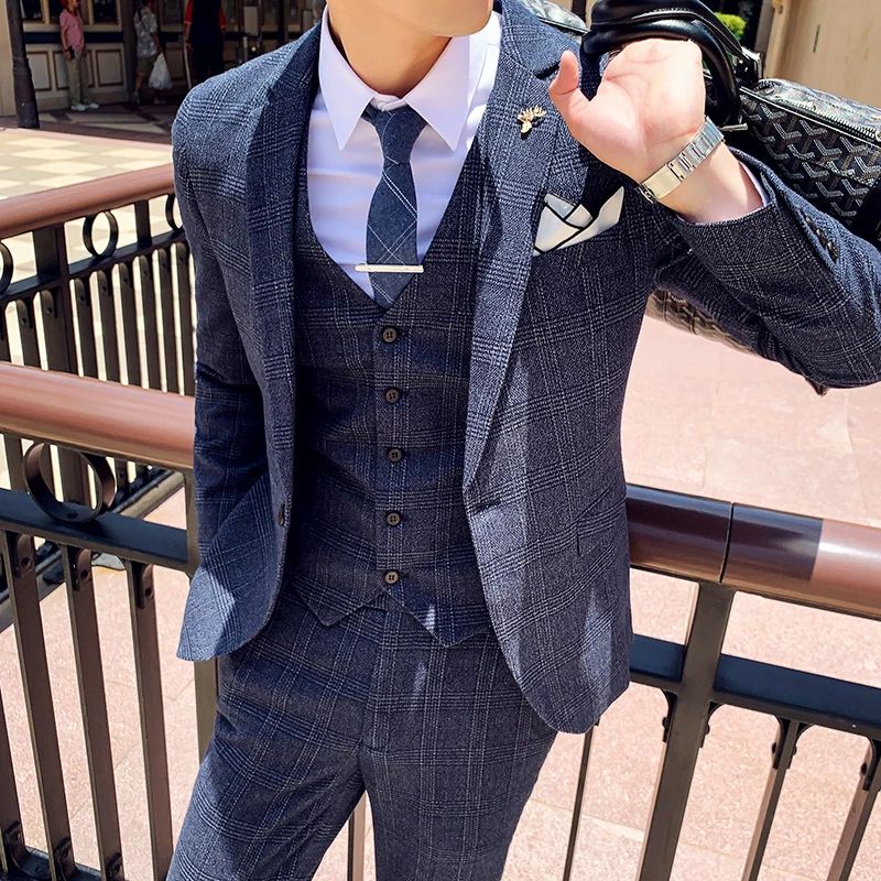 Dark Blue Men's Suit Three Piece, Business Casual Jacket and Vest with Trousers, Gray Dark Brown Slim Fit Sets, Asian Size