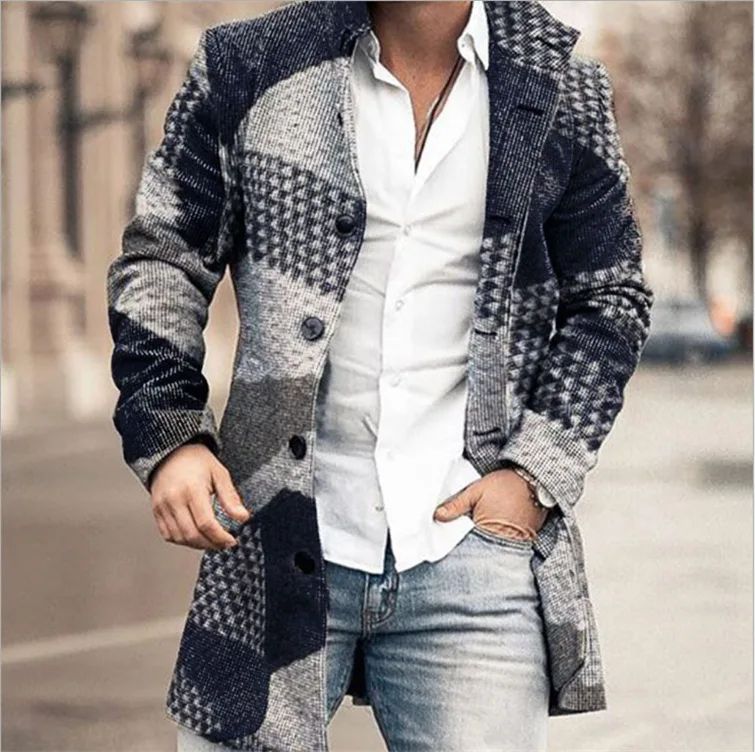 European and American Woolen Overcoat for Autumn and Winter. Korean Style Fashionable Men's Stand-up Collar Woolen Overcoat.