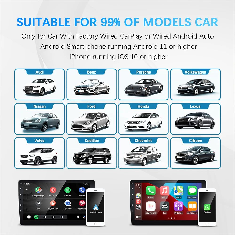 Carplay Android Auto Wireless Adapter for Toyota Mazda Nissan Camry Suzuki Subaru Citroen Audi Mercedes Kia Ford Opel Spotify BT