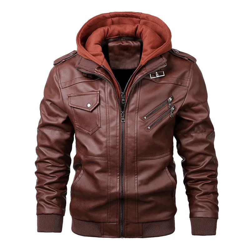 Men Faux Leather Cardigan Leathers Jackets Zipper Coat Long Sleeve Solid Autumn Moto Bike Casual Autumn 2025 Hooded Spliced