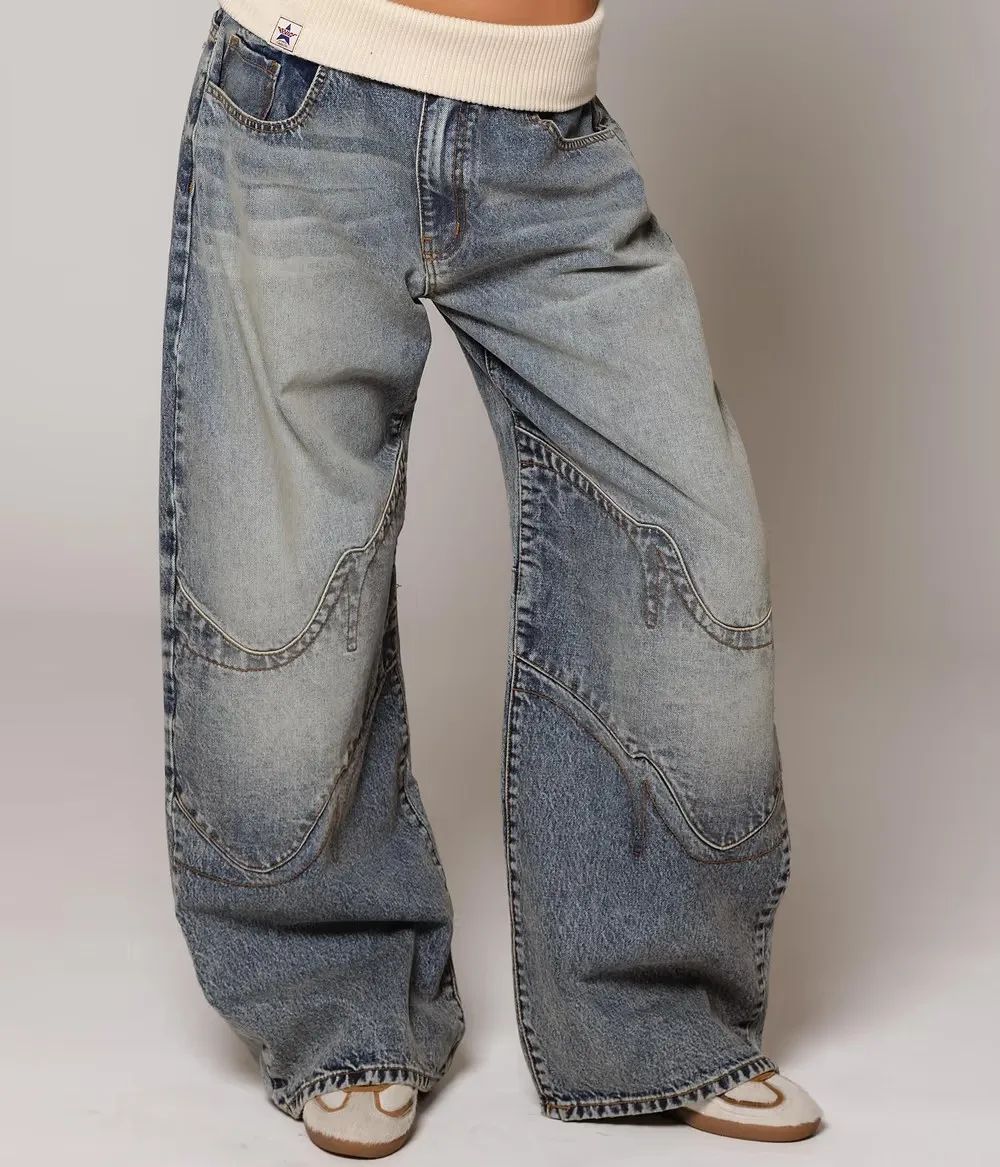 Y2K Hip-hop Stitching Fashion Joker Retro Jeans Female Korean Casual Simple Dress Essential Wide-leg Pants Loose Joker Overalls
