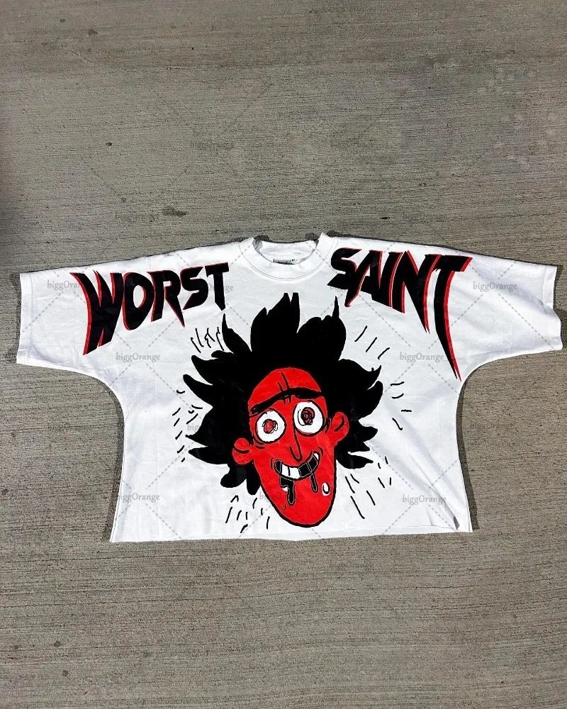 American Hip-hop Anime Print Oversized T-shirt Men Retro Trendy Streetwear Top Pure Cotton Round Neck Casual Loose Short Sleeves