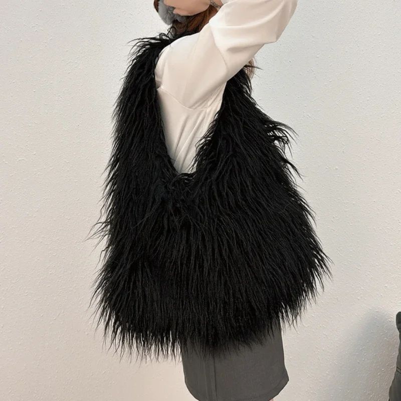 2025 NEW Wool Women's Plush Shoulder Bags Y2k Hot Girls Faux Fur Drawstring Bucket Bag Fashion Female Furry Purse Tote Handbags