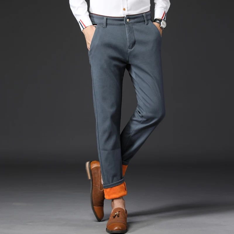 Winter Men Korean Fashion Straight Leg Pants Winter Snow Warm Thermal Thicken Casual Pants New Fleece Slim Fit Business Trousers