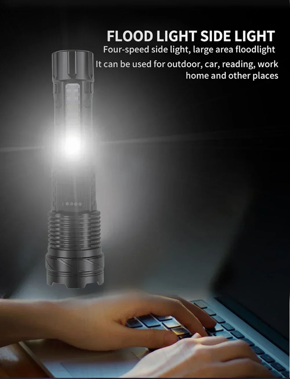 Powerful XHP50 LED Flashlight Waterproof Torch With Side Light 7 Modes Camping Fishing Lantern Type C Rechargeable Zoom Lamp