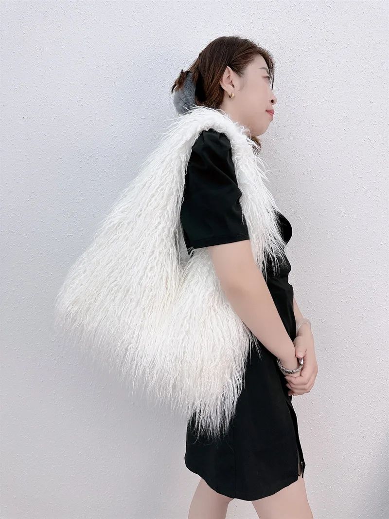 2025 NEW Wool Women's Plush Shoulder Bags Y2k Hot Girls Faux Fur Drawstring Bucket Bag Fashion Female Furry Purse Tote Handbags