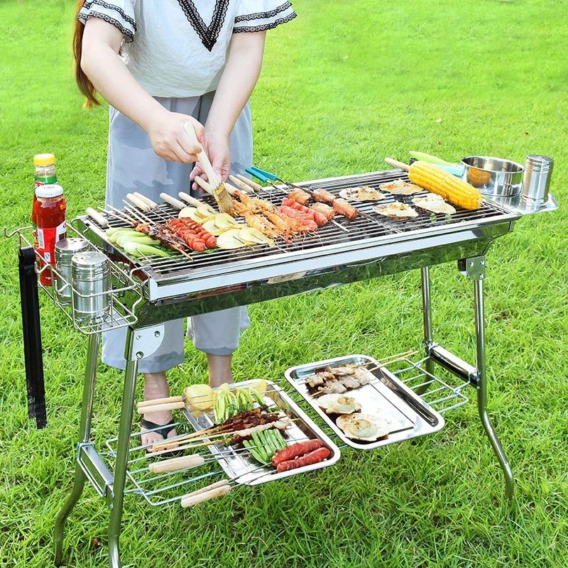Stainless Steel Charcoal Grill Barbecue Tool Portable Free Installation Handle Folding BBQ Cooking Grid For Park