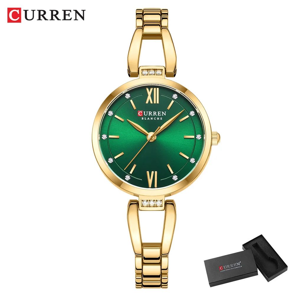 CURREN Luxury Elegance Ladies Watch with Sparkling Rhinestones Simple Quartz Stainless Steel Bracelet Wristwatch