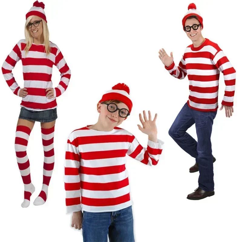 Wheres Waldo Striped Shirt Youth Boys Wally Costume Shirt Glasses and Hat Socks Unisex Adults Carnival Cosplay Costume