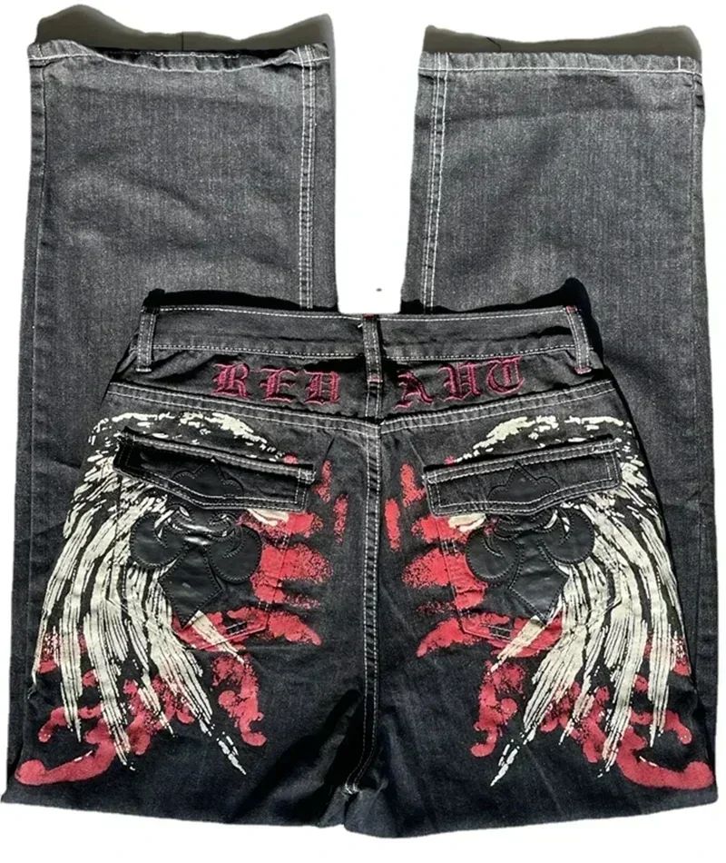 Y2K American New Trend Hip-hop Gothic Embroidered Jeans Men's Street Harajuku Leisure Loose Straight Wide-leg Pants Unisex Jeans