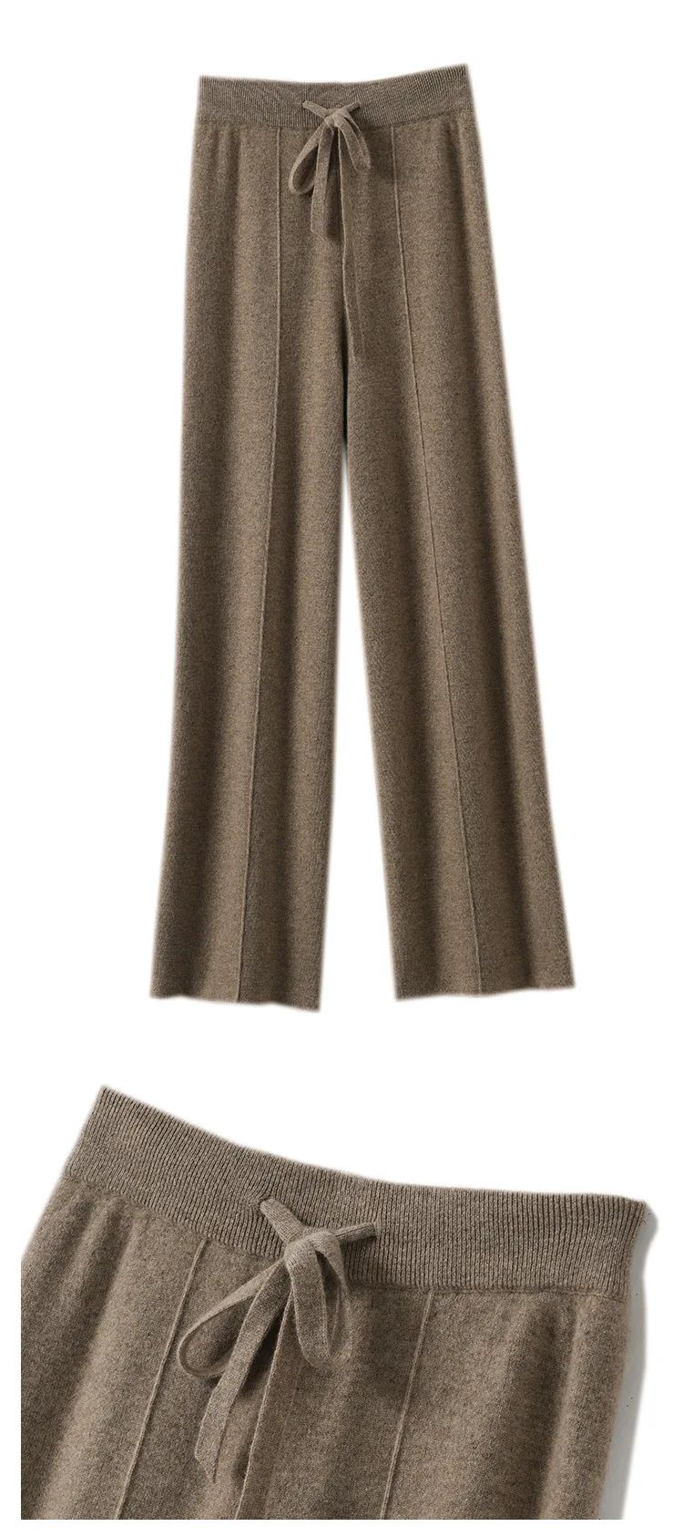 High Waist Wide Leg Pants Mid-Seam Knitted Trousers Drawstring Waist Belted Floor-Length Pure Color Versatile Autumn Winter Casu