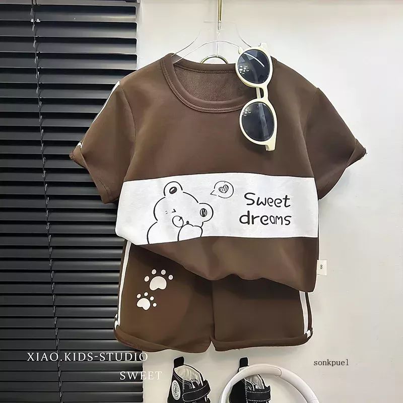 2Pcs Cartoon Bear Children Short Sleeve Shorts Sets Summer Kids Clothes Boy Girl Baby Thin Cotton Tee Tracksuits Fashion Outfits