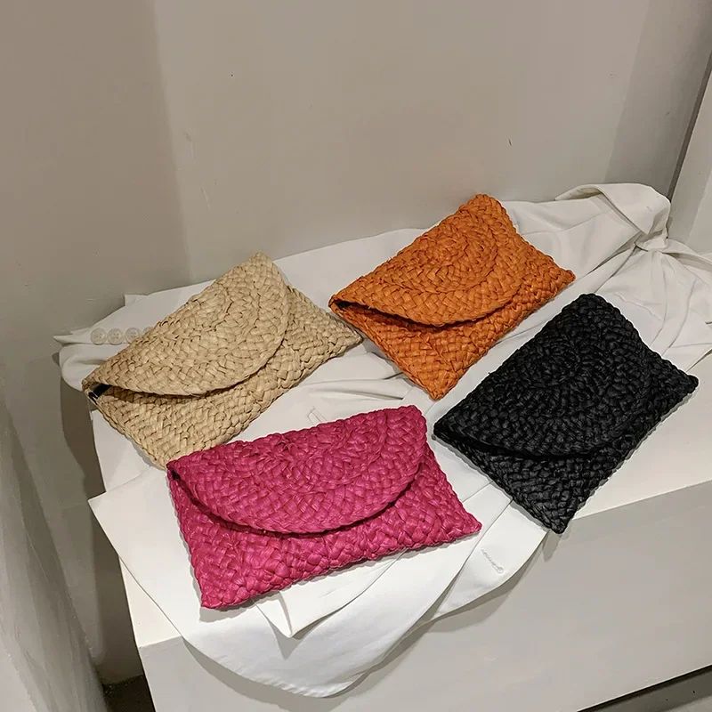 Fashionable Corn Husk Straw Bags Hand-woven Women Clutch Envelope Handbag Long Purse for Female Summer Beach Bag Bolsa 2024