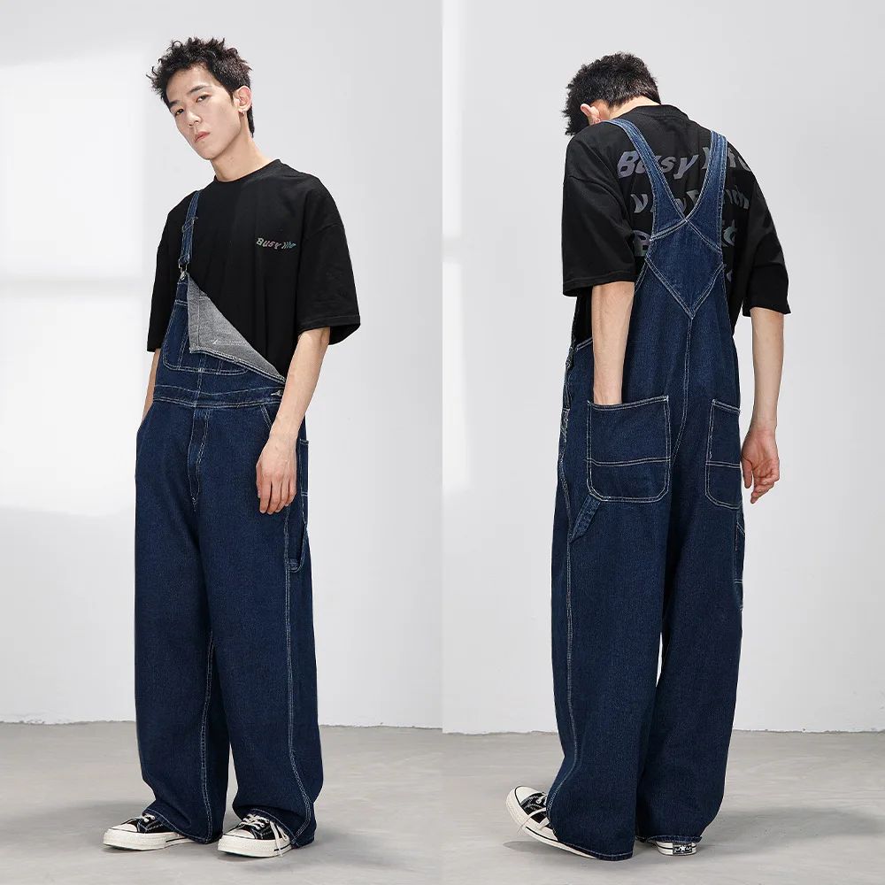 Retro Japanese Style Overalls Casual Straight Leg Workwear Jeans American Streetwear Couples Denim Overalls Loose Fit Men's Jean