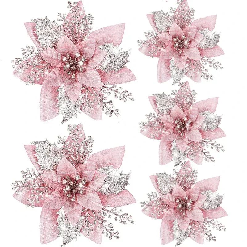 5pcs 14.5cm Glitter Artifical Christmas Flowers Mreey Christmas Tree Decoration Happy New Year Ornaments Xmas Fake Flowers natal