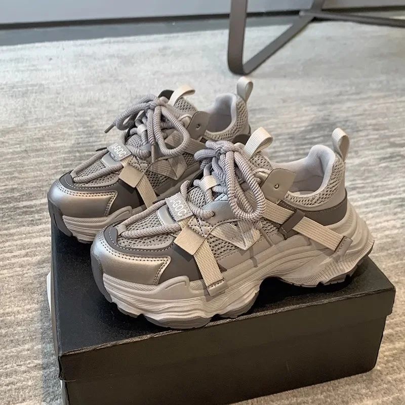 Women's Chunky Sneakers Breathable Mesh Platform Sports Shoes Woman Fashion Lace Up Thick Sole Casual Shoes Mujer